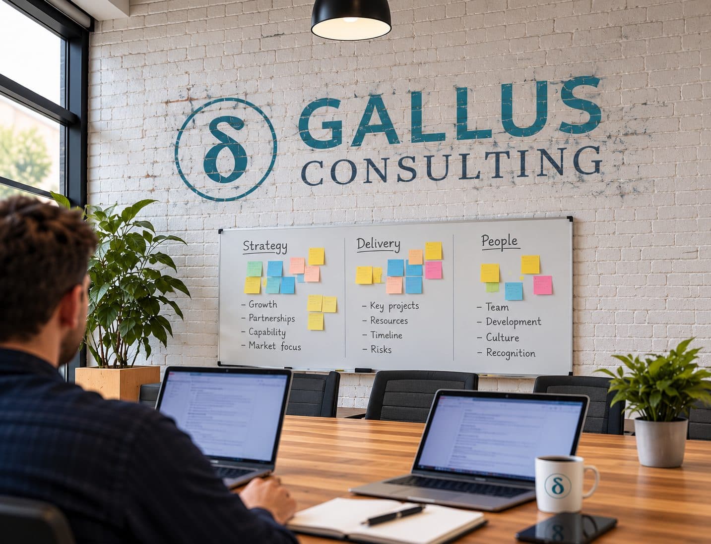 A Gallus Consulting workshop room, with the Gallus logo on the wall and a planning board for strategy, delivery and people